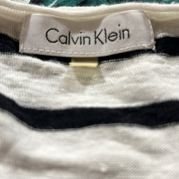 Calvin Klein, white black stripe 100% linen T-shirt  L NWOT - Picture 3 of 4